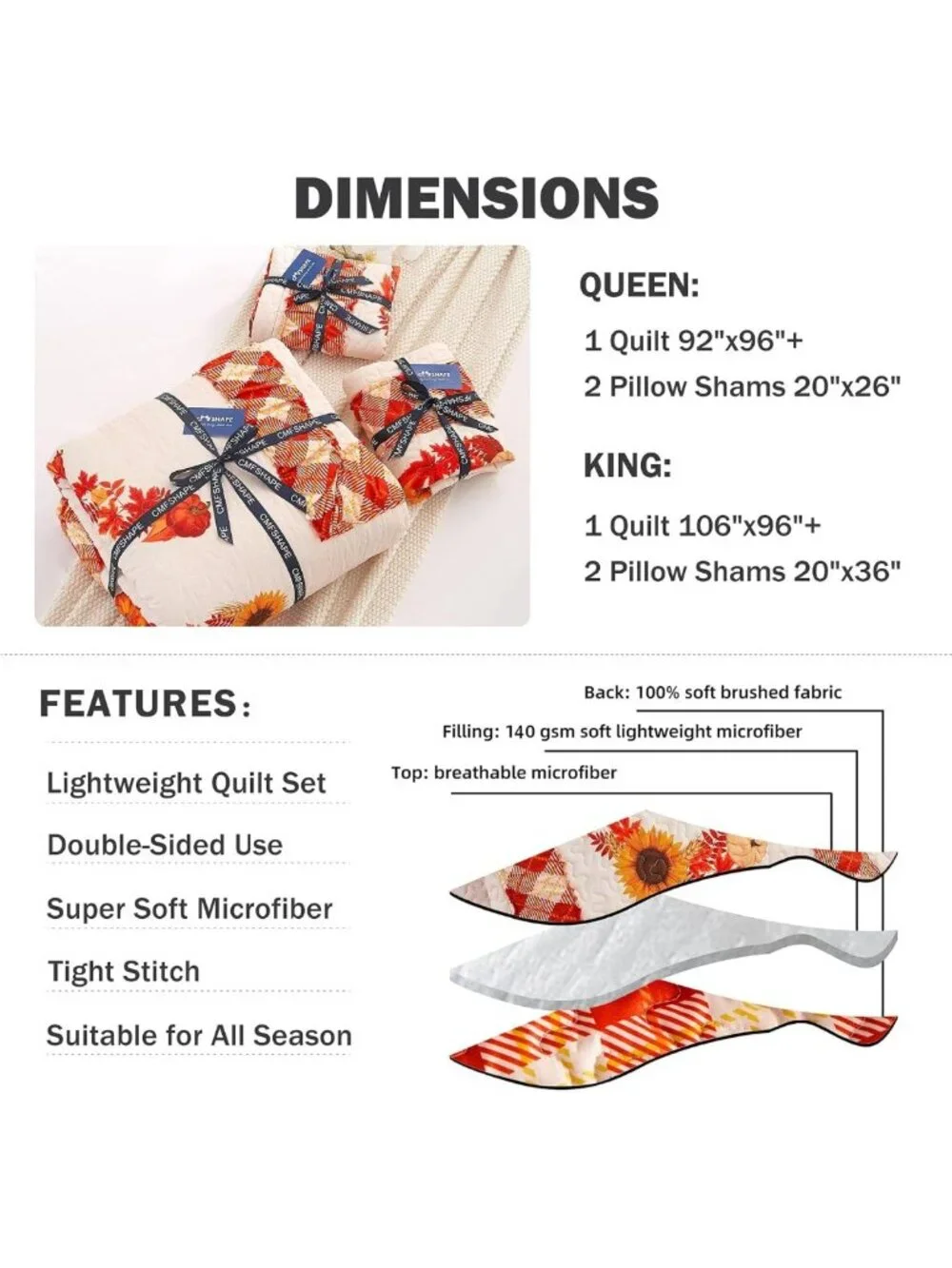 King Size Reversible Quilt Set - Fall Pumpkin & Plaid Bedding, 3PC Home Decor